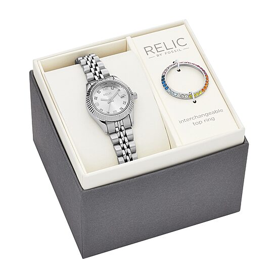 Relic By Fossil Keira Womens Crystal Accent Silver Tone Stainless Steel 2-pc. Watch Boxed Set Zr12613set
