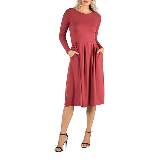 24/7 Comfort Apparel Midi Length Fit And Flare Pocket Dress