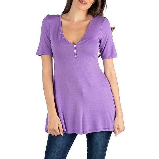 24/7 Comfort Apparel Short Sleeve Tunic Top with Buttons