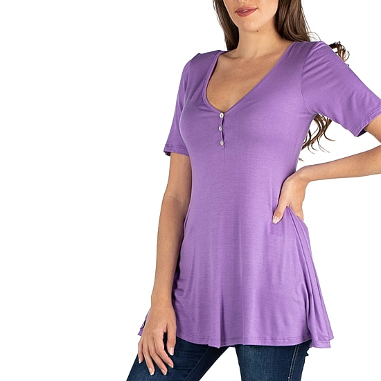 24/7 Comfort Apparel Short Sleeve Tunic Top with Buttons
