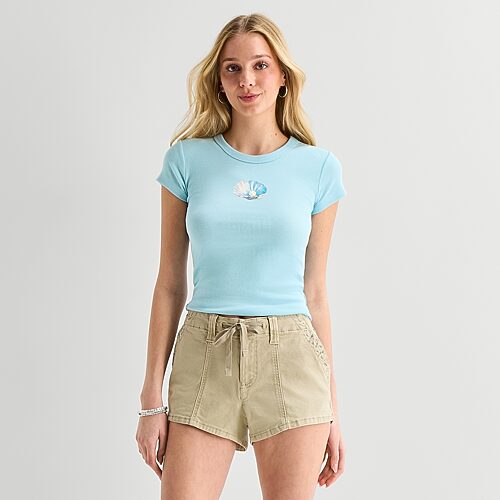 Arizona Womens Juniors Crew Neck Short Sleeve Regular Fit Graphic T-shirt In Blue
