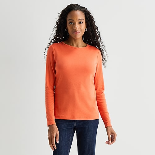 St. John's Bay Womens Crew Neck Long Sleeve T-Shirt, Petite Medium, Orange