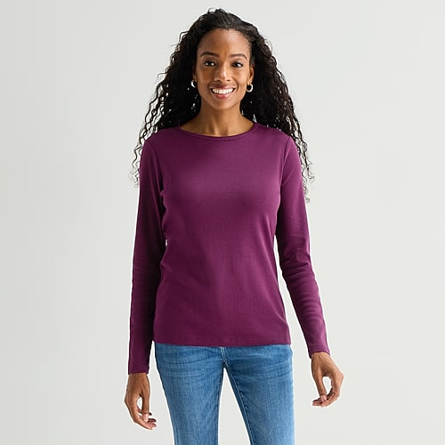 St. John's Bay Womens Crew Neck Long Sleeve T-Shirt, Medium, Purple