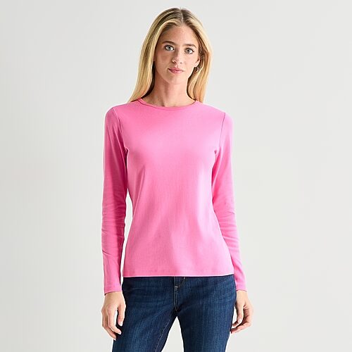 St. John's Bay Womens Crew Neck Long Sleeve T-Shirt, Small, Pink