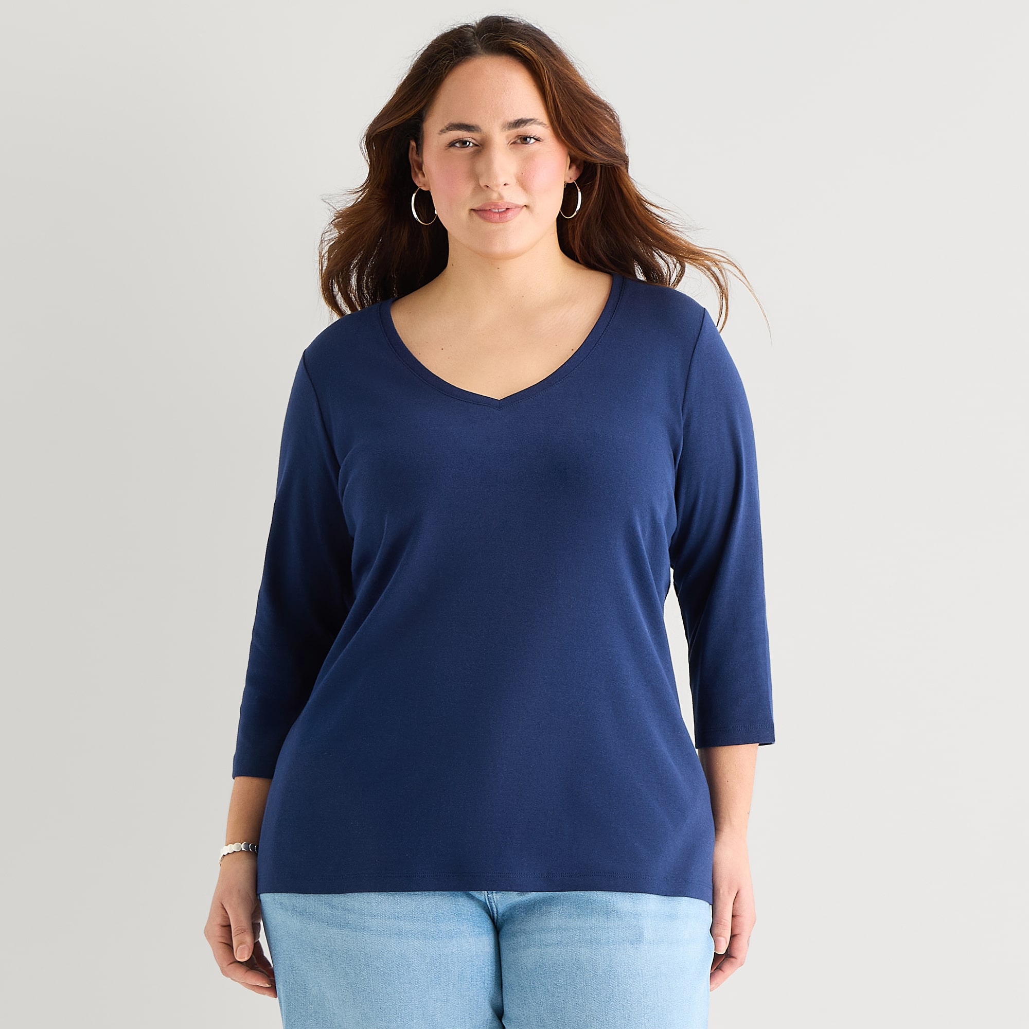 St. John's Bay Womens Plus V Neck 3/4 Sleeve T-Shirt