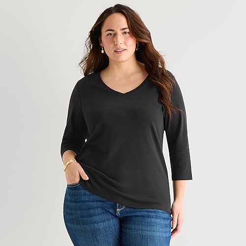 St. John's Bay Womens Plus V Neck 3/4 Sleeve T-shirt In Black