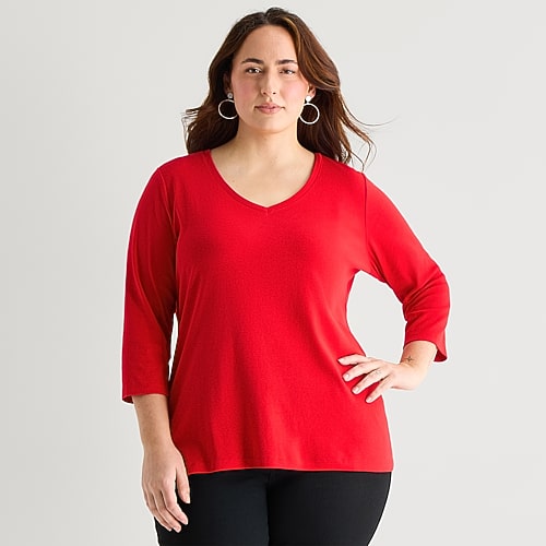 St. John's Bay Womens Plus V Neck 3/4 Sleeve T-shirt In Red
