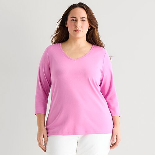 St. John's Bay Womens Plus V Neck 3/4 Sleeve T-shirt In Pink