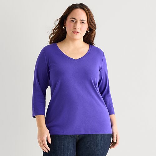 St. John's Bay Womens Plus V Neck 3/4 Sleeve T-shirt In Purple