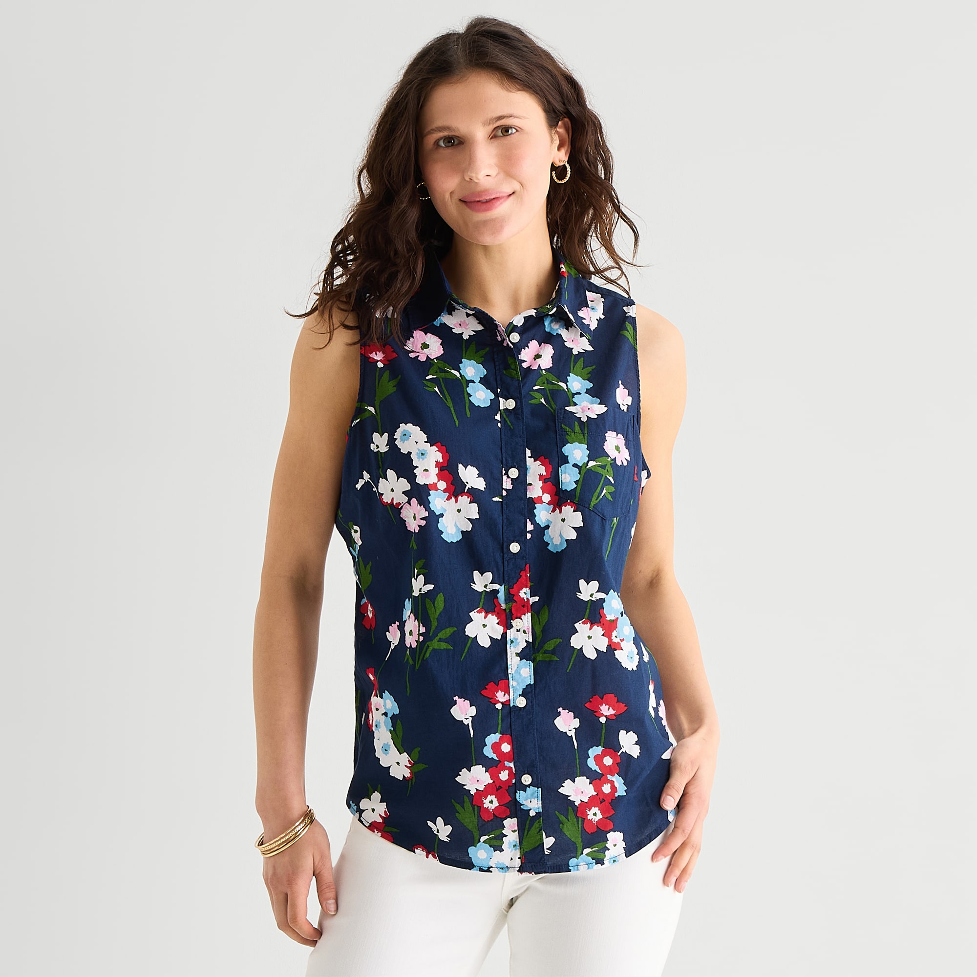 St. John's Bay Womens Tall Sleeveless Regular Fit Button-Down Shirt