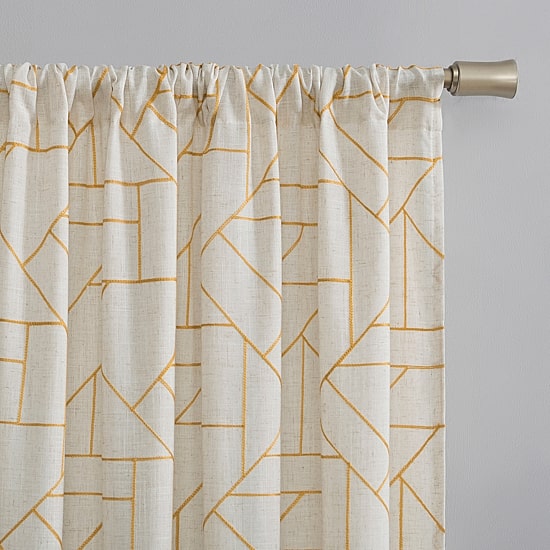 Archaeo Jigsaw Embroidery Linen Blend Rod Pocket Sheer Single Curtain Panel