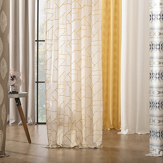 Archaeo Jigsaw Embroidery Linen Blend Rod Pocket Sheer Single Curtain Panel