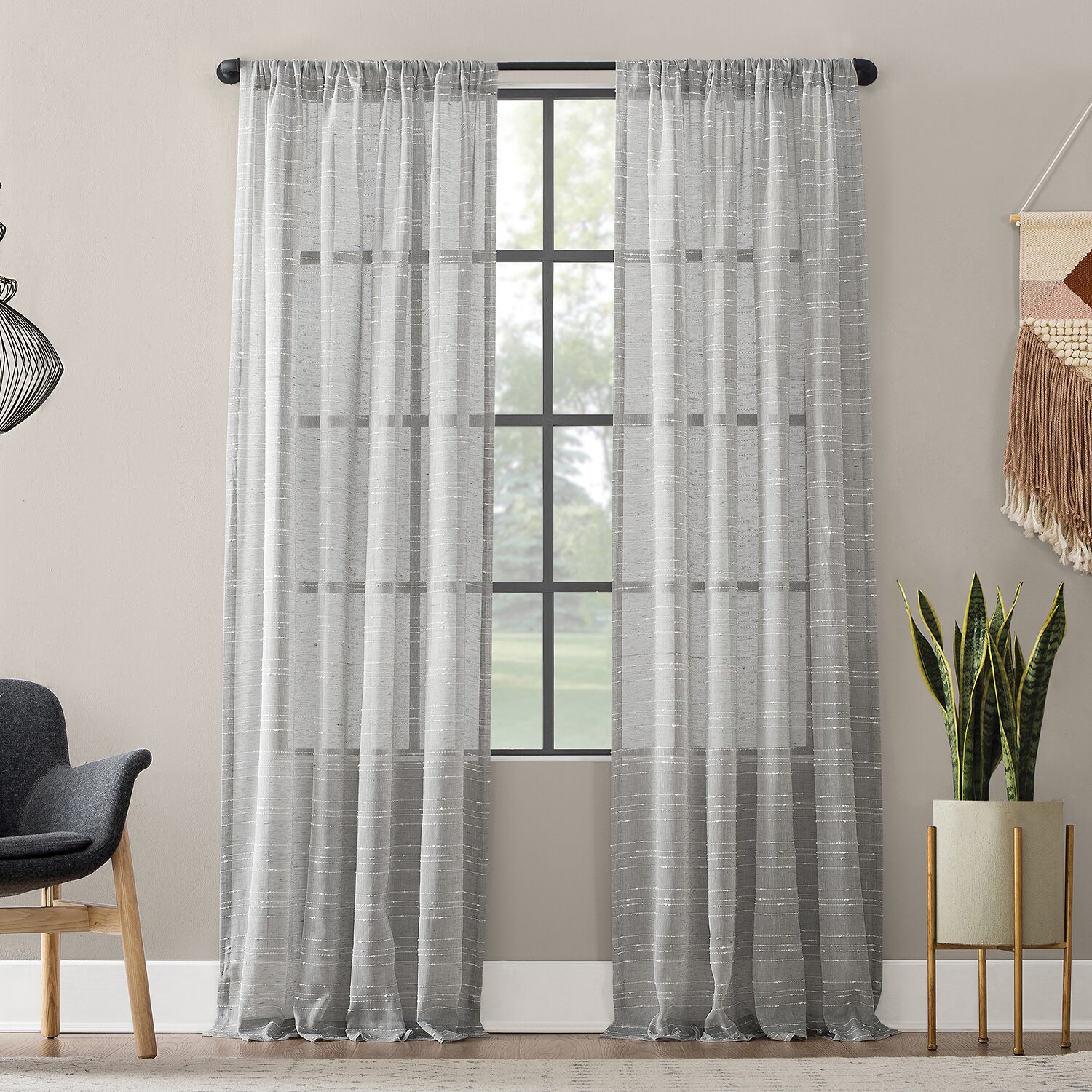 Clean Window Textured Slub Stripe Rod Pocket Sheer Single Curtain Panel