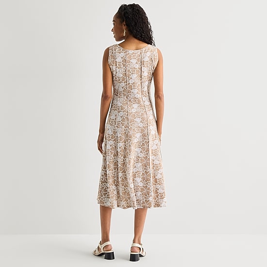 Perceptions Womens Round Neck Sleeveless Floral Fit + Flare Dress