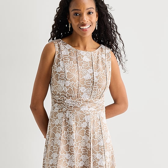 Perceptions Womens Round Neck Sleeveless Floral Fit + Flare Dress