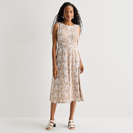 Worthington Womens Midi Square Neck Sleeveless Fit + Flare Dress