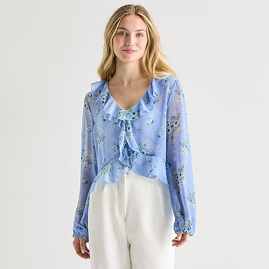 by&by Womens Juniors V Neck Long Sleeve Blouse