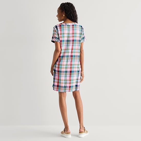St. John's Bay Womens V Neck Short Sleeve Plaid Shift Dress