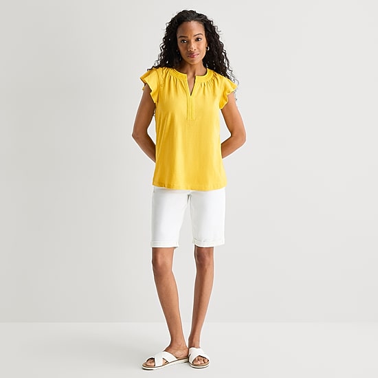 St. John's Bay Womens Split Crew Neck Short Sleeve Blouse