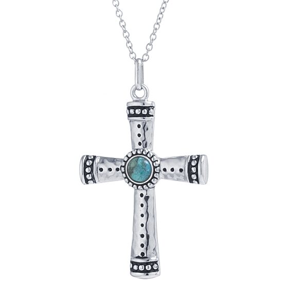 Womens Enhanced Blue Turquoise Sterling Silver Cross 18 Inch Pendant Necklace