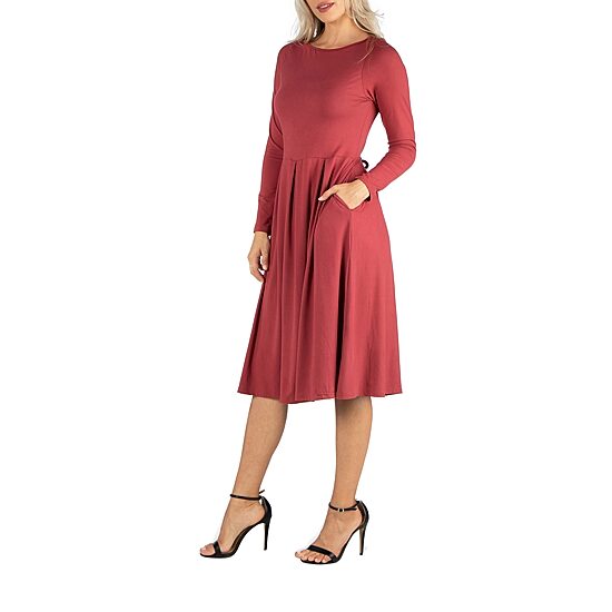 24/7 Comfort Apparel Midi Length Fit And Flare Pocket Dress