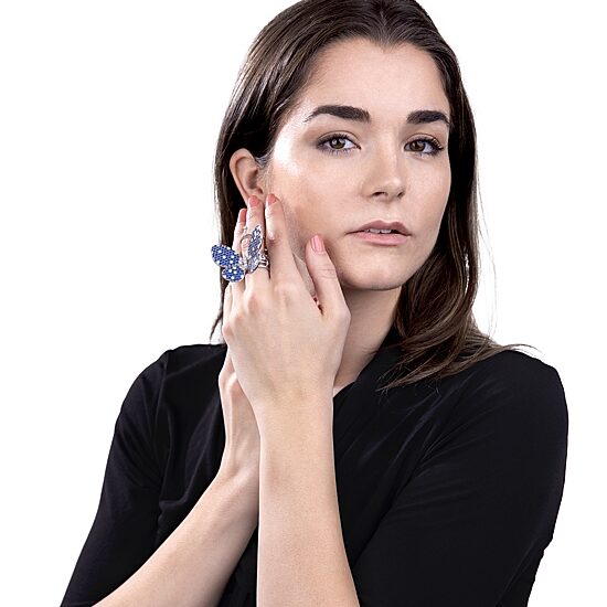 Diamonart Womens Blue Cubic Zirconia Sterling Silver Butterfly Cocktail Ring