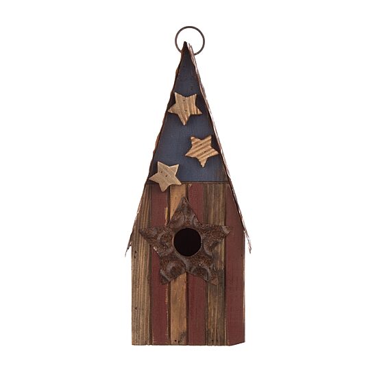 Glitzhome 12.4 Inch Height Wooden Patriotic Distressed Garden Birdhouse with Stars