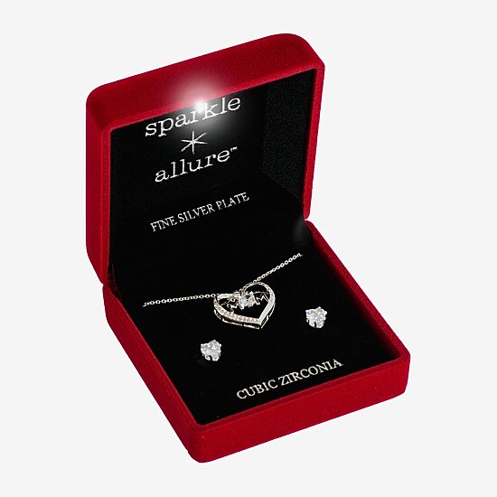 Sparkle Allure Light Up Box Womens Cubic Zirconia Pure Silver Over Brass Heart 2-pc. Jewelry Set