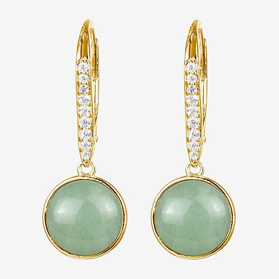 Womens Genuine Green Jade 18K Gold Over Silver Round Drop Earrings