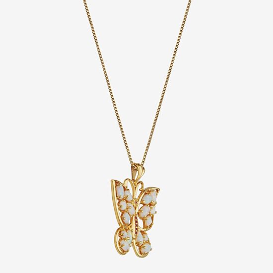 Lab-Created Opal and Pink Sapphire Butterfly Pendant Necklace
