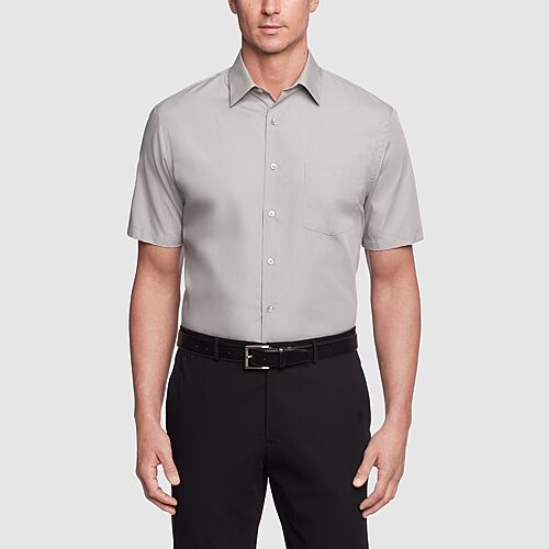 Van Heusen Poplin Mens Regular Fit Easy Care Wrinkle Free Short Sleeve Dress Shirt, 18, Gray