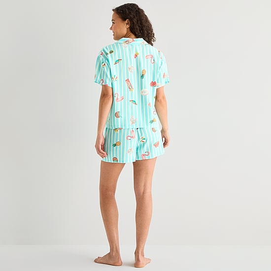 Sleep Chic Womens Poplin V-Neck Short Sleeve 2-pc. Pajama Set