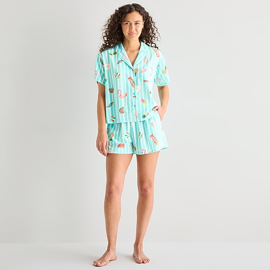 Sleep Chic Womens Poplin V-Neck Short Sleeve 2-pc. Pajama Set