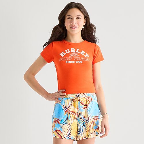 Hurley Womens Juniors Crew Neck Short Sleeve Fitted Graphic T-shirt In Red