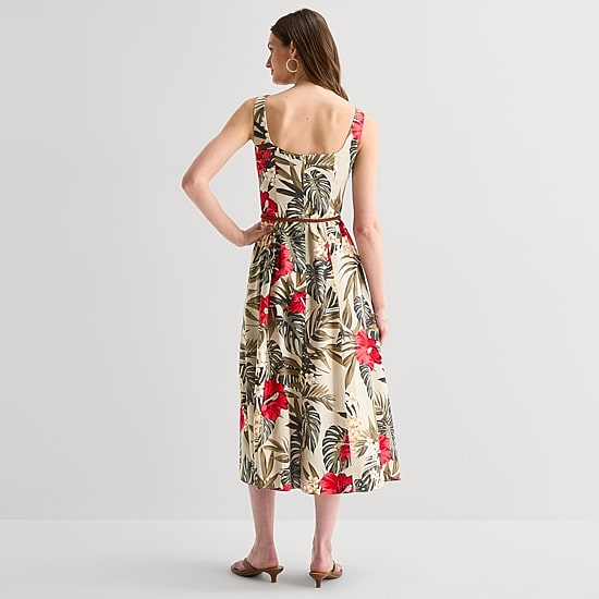 Melonie T Womens Midi Square Neck Sleeveless Floral Fit + Flare Dress