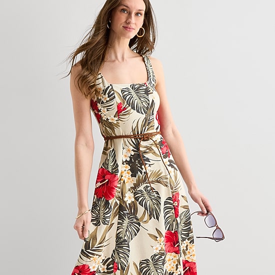 Melonie T Womens Midi Square Neck Sleeveless Floral Fit + Flare Dress