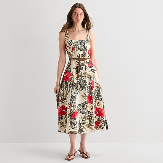 Melonie T Womens Midi Square Neck Sleeveless Floral Fit + Flare Dress