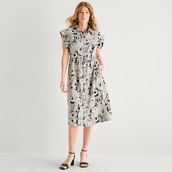 Liz Claiborne Womens Short Sleeve Midi Paisley Shirt Dress
