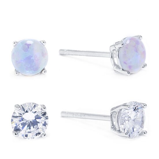 Silver Treasures Opal Womens Cubic Zirconia Sterling Silver 2 Pair Earring Set