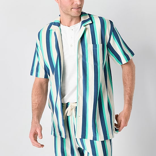 St. John's Bay French Terry Mens Short Sleeve Camp Shirt
