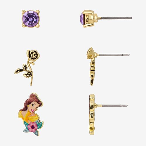 Disney Classics Womens 10K Gold Over Brass Flower Beauty and the Beast 3 Pair Earring Set, One Size, Yellow