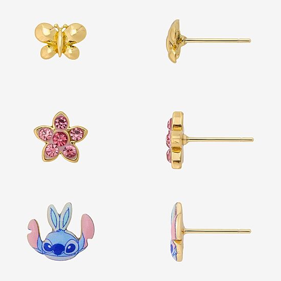 Disney Classics Womens Pink Cubic Zirconia 10K Gold Over Brass Butterfly Flower Lilo & Stitch Stitch 3 Pair Earring Set