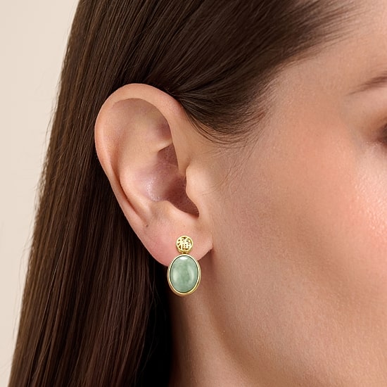 Good Fortune Womens Genuine Green Jade 18K Gold Over Silver Oval Drop Earrings