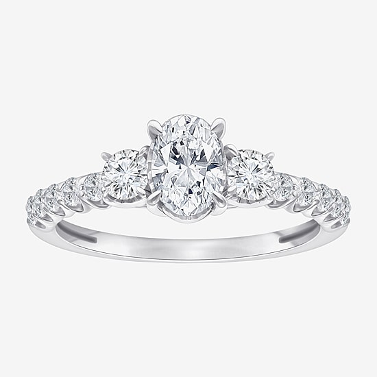(I / Si2) Womens 1 CT. T.W. Lab Grown White Diamond Sterling Silver Oval Side Stone Engagement Ring