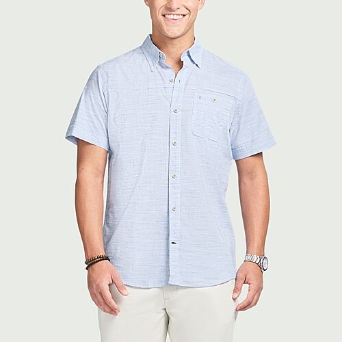 Izod Dockside Chambray Mens Short Sleeve Classic Fit Big And Tall Button-down Shirt In Blue
