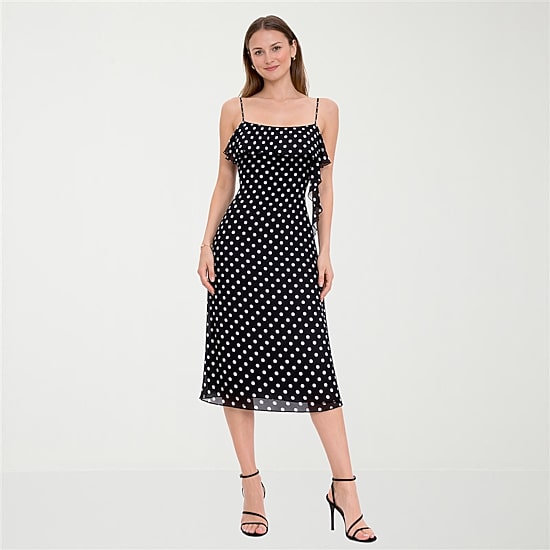 Jump Apparel Womens Juniors Midi Scoop Neck Short Sleeve Polka Dot A-Line Dress