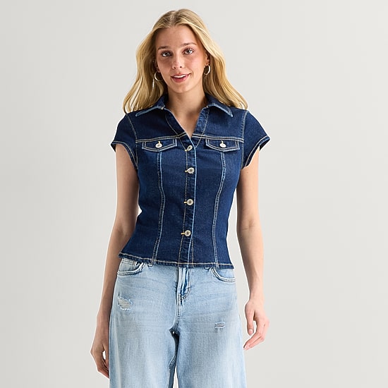 Arizona Womens Juniors Short Sleeve Regular Fit Button-Down Shirt