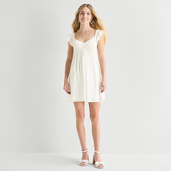 Secret Charm Womens Juniors Sweetheart Neck Short Sleeve Babydoll Dress