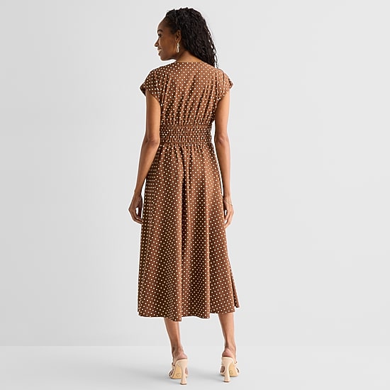 Danny & Nicole Womens Midi V Neck Sleeveless Cap Polka Dot Fit + Flare Dress
