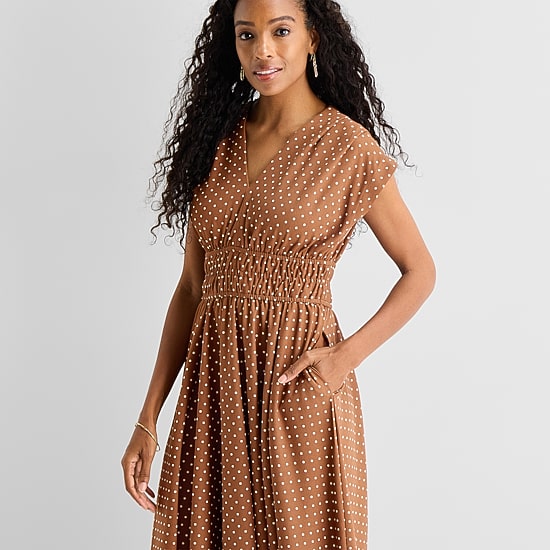 Danny & Nicole Womens Midi V Neck Sleeveless Cap Polka Dot Fit + Flare Dress